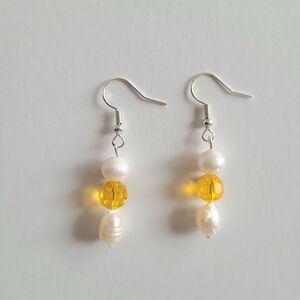 Yellow Glass Bead & Pearl Earrings